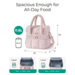 Double-layer insulated quilted pufferfish lunch bag with curved shoulder straps in solid colors pink, off-white, and black
