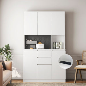 74 Inch Kitchen Storage Cabinet With Charging Station, Freestanding Buffet Cabinet With Drawer Sideboard, Modern Kitchen Storage Cabinet With Microwave Rack, Suitable For Kitchen, Living Room, Dining