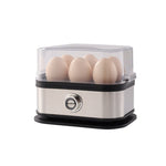 Compact black stainless steel egg boiler with portable design and multiple voltage standards
