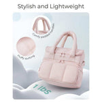 Double-layer insulated quilted pufferfish lunch bag with curved shoulder straps in pink, off-white, and black colors