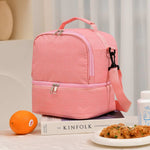 Thickened insulated lunch box bag with Oxford cloth and PEVA shoulder strap in pink, gray, and black colors