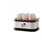 Compact black stainless steel egg boiler with 200W power and multi-standard voltage options