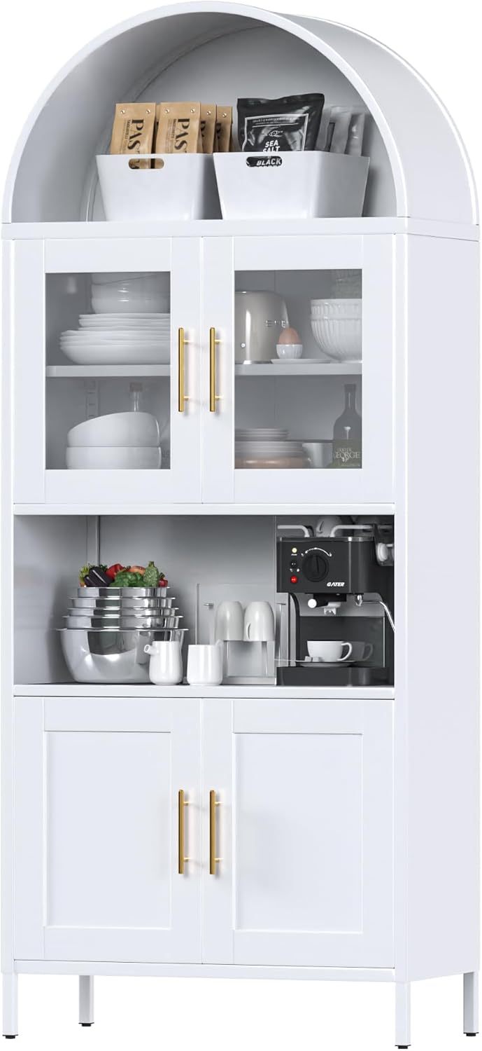 73 In Tall Metal Arched Cabinet, Kitchen Pantry Cabinet With Glass Door, Modern Farmhouse Arched Bookcase With 2 Adjustable Shelves For Living Room, White, Assembly Required