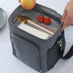 Thickened insulated lunch box bag in pink, gray, and black with Oxford cloth and PEVA shoulder strap, portable and size 23x19x28cm