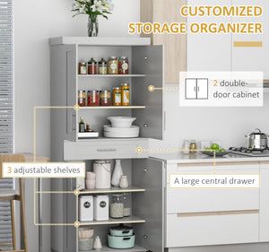Modern Freestanding Kitchen Pantry Cabinet Cupboard With Doors And Drawer, Adjustable Shelving, Gray