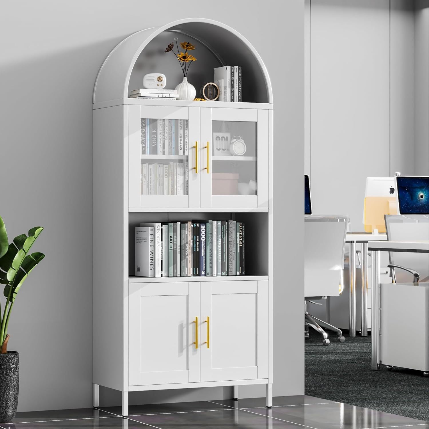 73 In Tall Metal Arched Cabinet, Kitchen Pantry Cabinet With Glass Door, Modern Farmhouse Arched Bookcase With 2 Adjustable Shelves For Living Room, White, Assembly Required
